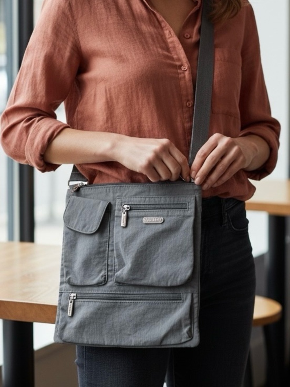 Gray Baggallini Crossbody Travel Bag w/ Pink Lining and lots of Pockets Utility